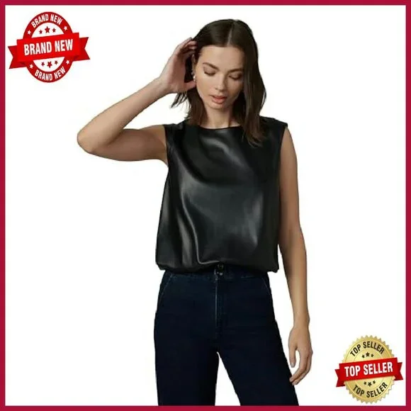 Vegan Leather Sleeveless Tee with Strong Shoulder Detailing and Bubble Hem